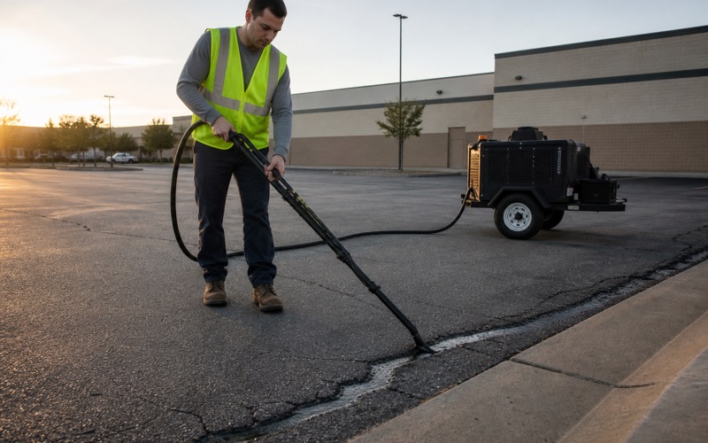 Worker tracking a hot-pour sealant wand along a routed crack across a parking lot, the hose trailing back to the melter behind him.