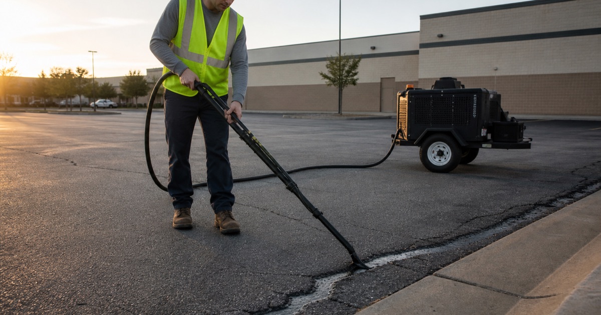 Worker tracking a hot-pour sealant wand along a routed crack across a parking lot, the hose trailing back to the melter behind him.