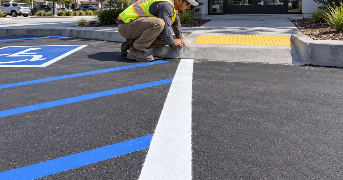 Worker crouched at a curb ramp with both hands on its concrete nosing, sighting back along the white route bar that runs to the accessible stalls behind him.