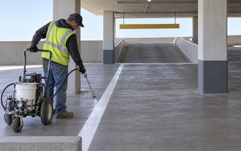 Worker spraying a stall line on an above-grade parking deck, the line running back between painted columns toward the head of a down ramp.