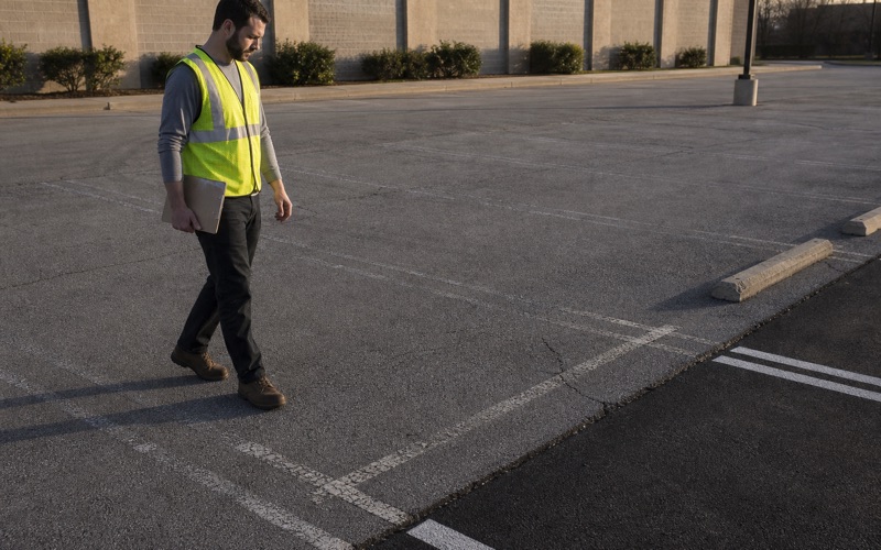 Contractor walking a lot at low sun on an inspection round, clipboard held closed against his side and faded stall lines running away to a curb.
