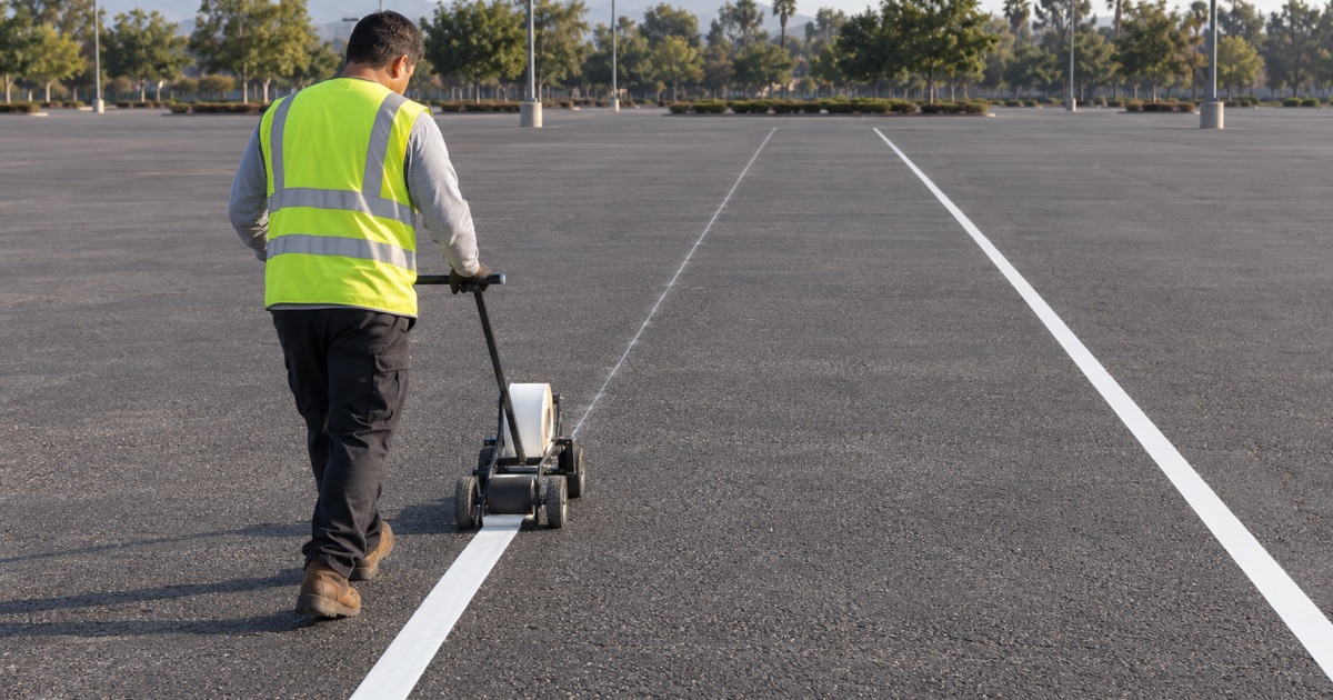 Worker running a temporary taped lane line across Arcadia overflow parking ground, the enormous main event field stretching away behind him.