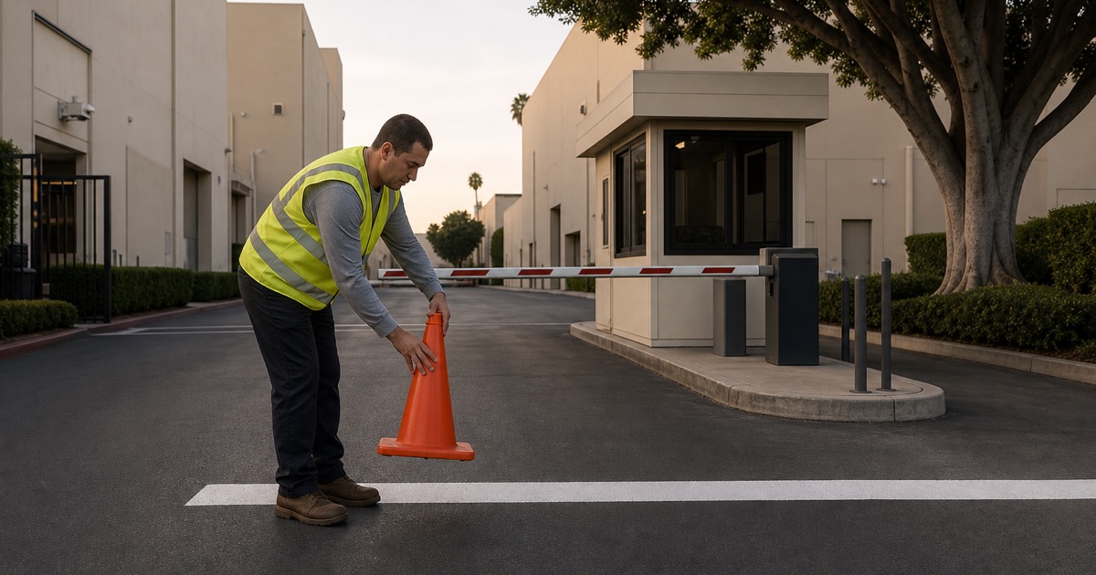 Worker setting a cone taper at a gated Burbank studio campus entrance while the queue stop bar is laid, the gatehouse and boom beyond.