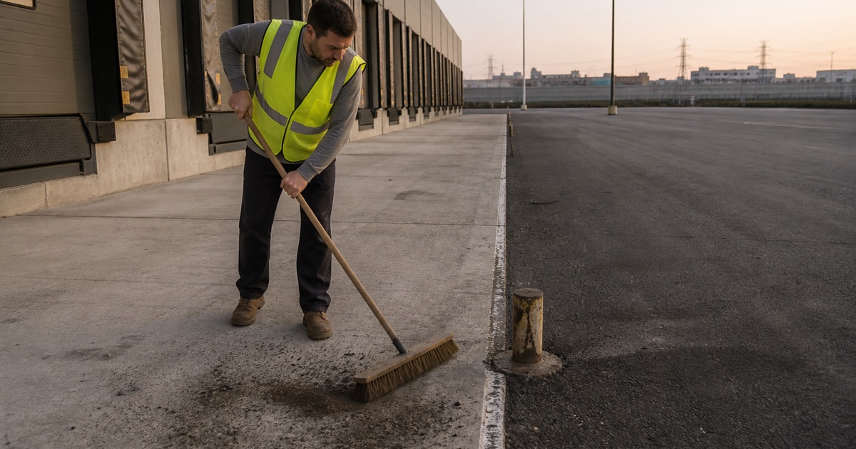 Worker sweeping the dock apron edge clear before marking in Commerce, the concrete apron running along the dock faces with the truck court beyond.