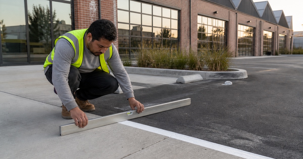 Worker laying a straightedge across the joint where original concrete slab meets later asphalt in a converted Culver City creative office yard.