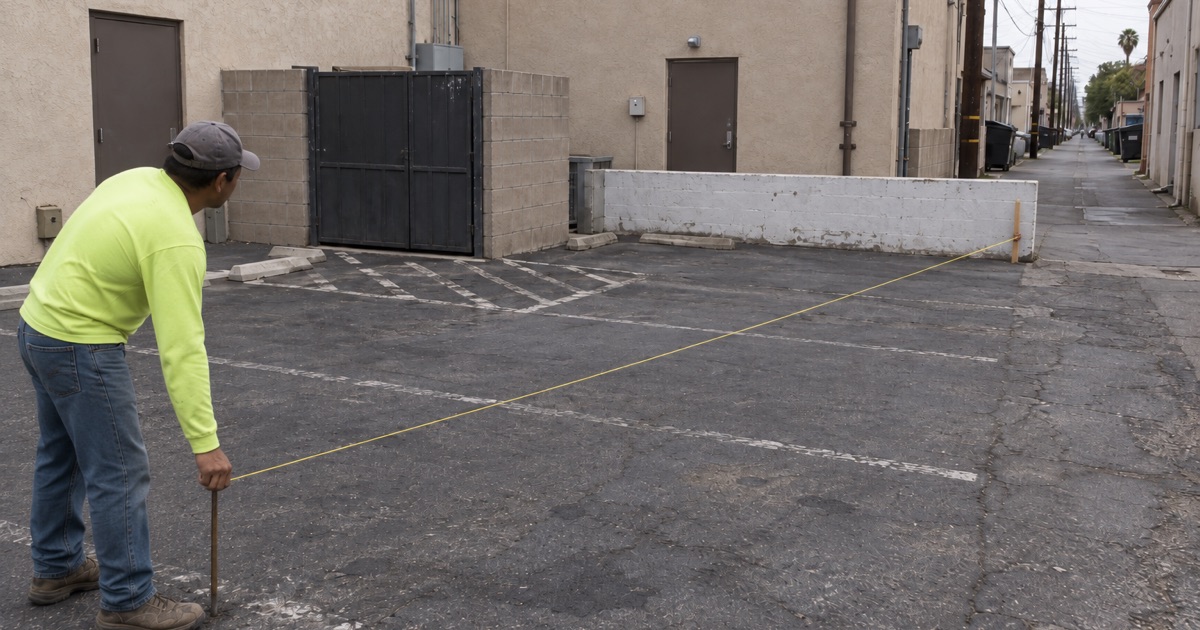 Worker holding a string line taut across a small Eagle Rock rear lot behind the storefront corridor, the service alley running out beyond
