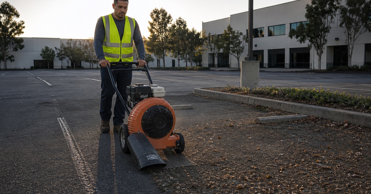 Worker running a walk-behind blower across an El Segundo corporate campus lot at first light, clearing the surface ahead of marking.