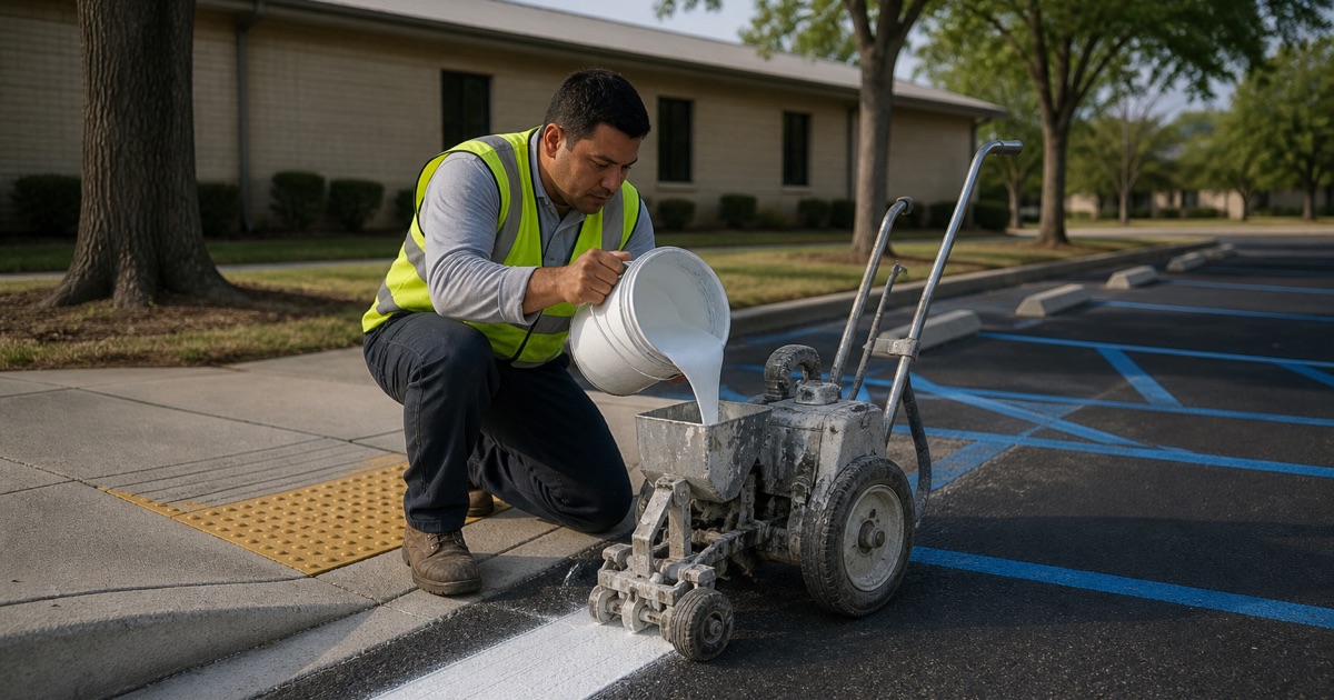 Striping crew refilling at a Hancock Park medical office lot, the new crossing bar running from the curb ramp to the gutter pan