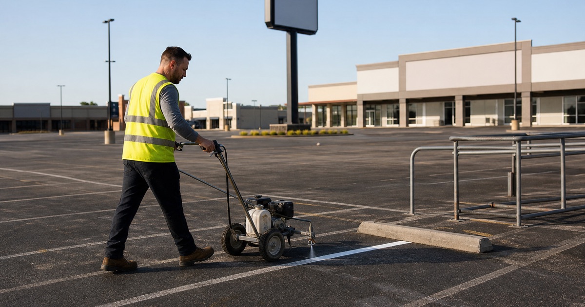 Stall line being re-marked in a Montebello town center retail plaza, the line ending at the cart corral with chalked older marking alongside