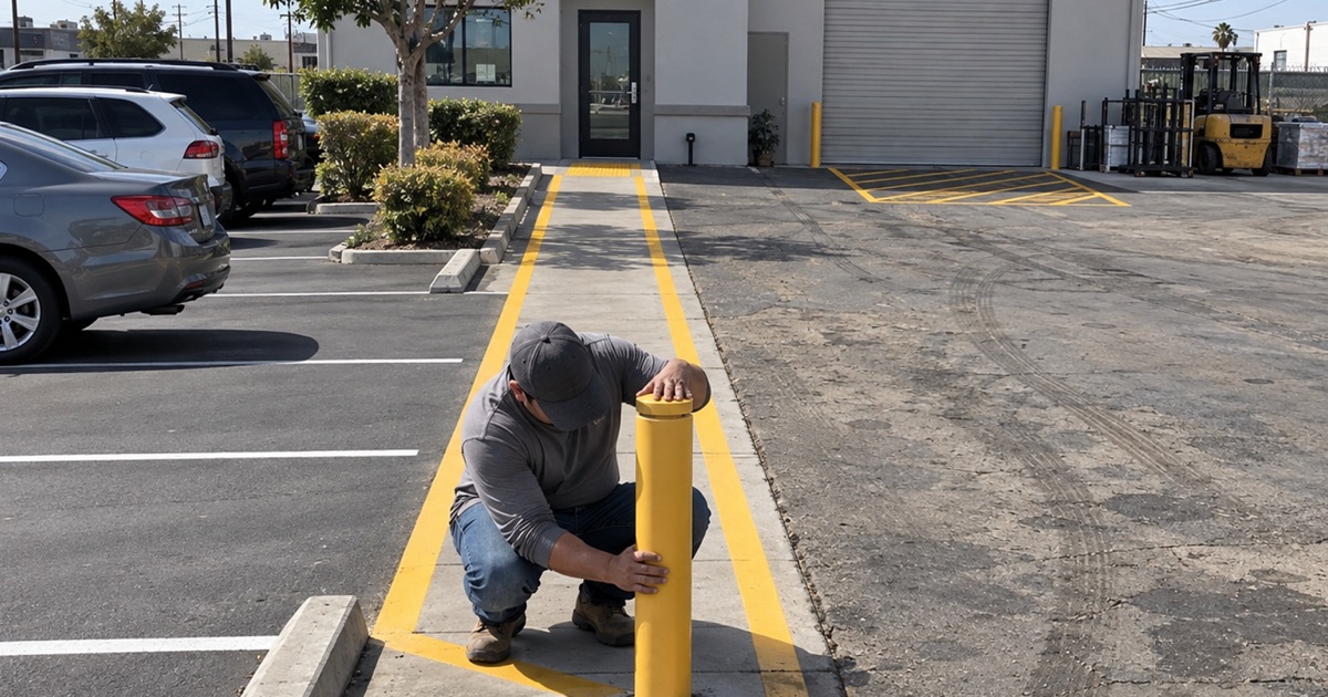 Worker seating a bollard cap where employee parking meets the yard on a North Hollywood mixed-tenancy lot, yellow walkway lines beyond