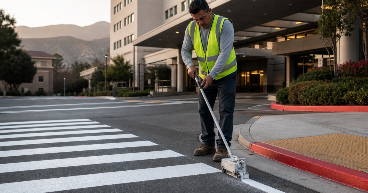 Worker drawing an applicator along a wide white crossing bar on a Pasadena hospital campus drive, the bar running from a curb ramp to the walkway opposite.