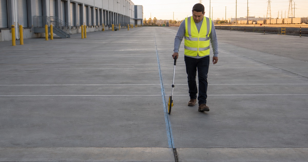 Worker running a measuring wheel across a vast Santa Fe Springs logistics yard to set out trailer stalls, the dock apron running along the building beyond.