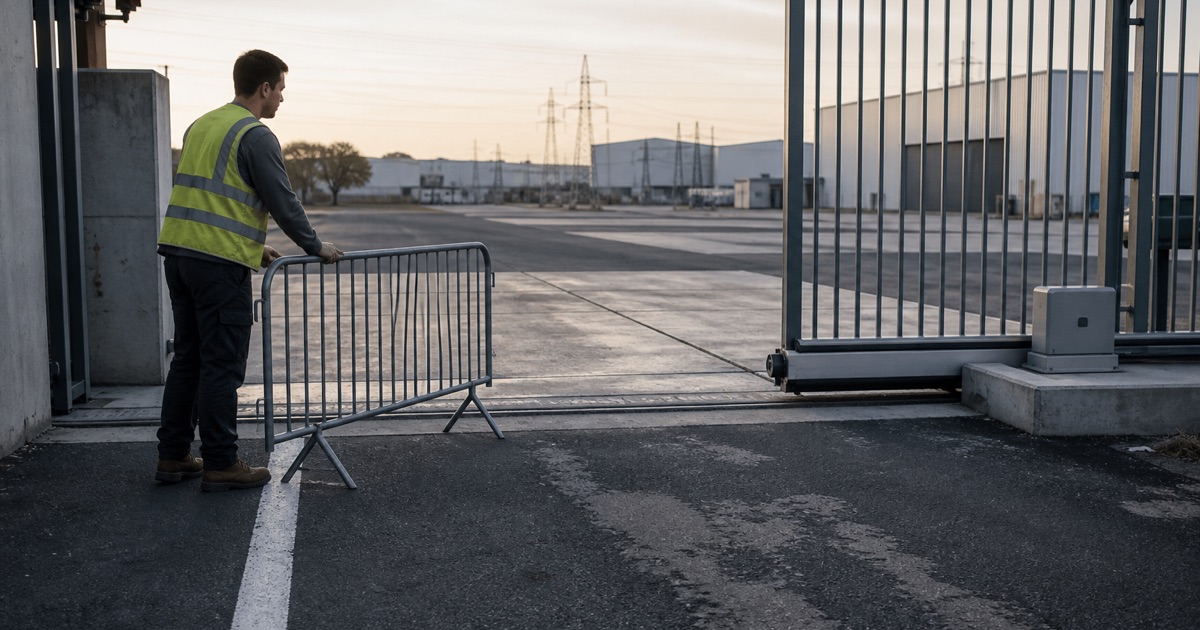 Worker positioning a steel barricade across a South Gate industrial gate throat while the fresh queue line is laid behind it.