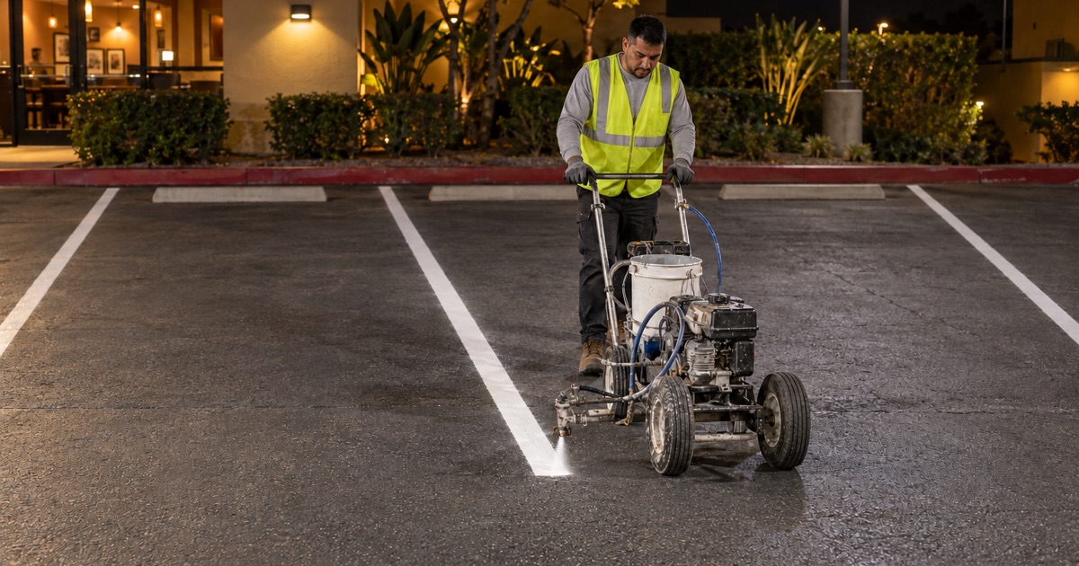 Line being sprayed at night in a Studio City restaurant lot, one pole light out and that corner of the field in darkness