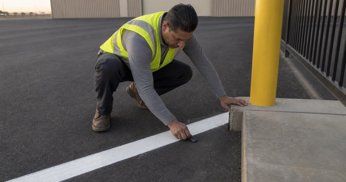 Worker crouched at a fresh apron boundary line outside a Van Nuys hangar, checking the wet film with a gauge held turned away from the camera.