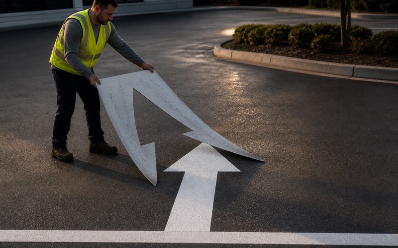Worker lifting a large sheet stencil clear of a freshly painted white directional arrow, the arrow pointing away toward the drive aisle it serves.