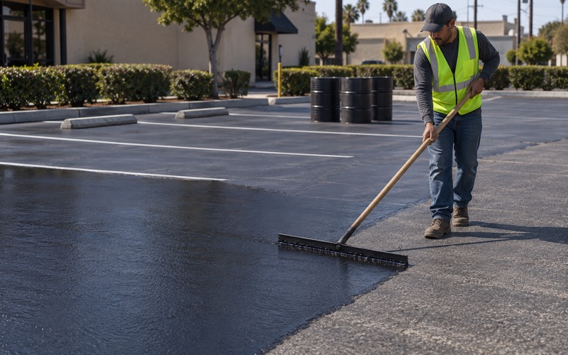 Worker drawing a squeegee across a commercial lot, the wet black sealer edge running hard against unsealed gray asphalt with a wheel stop at the boundary.