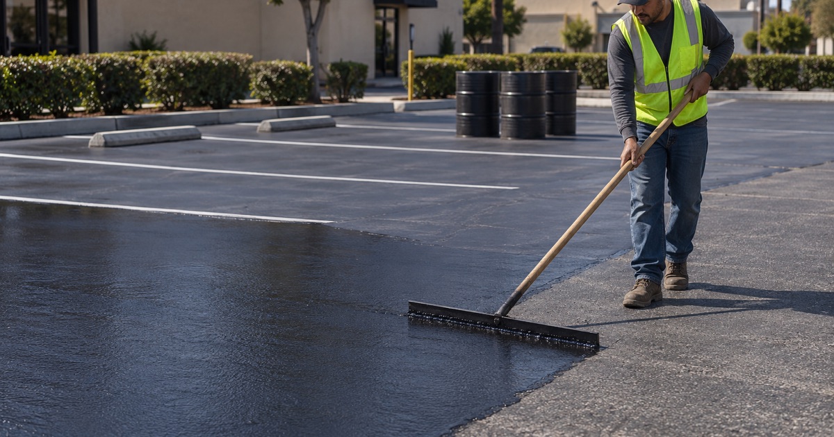 Worker drawing a squeegee across a commercial lot, the wet black sealer edge running hard against unsealed gray asphalt with a wheel stop at the boundary.