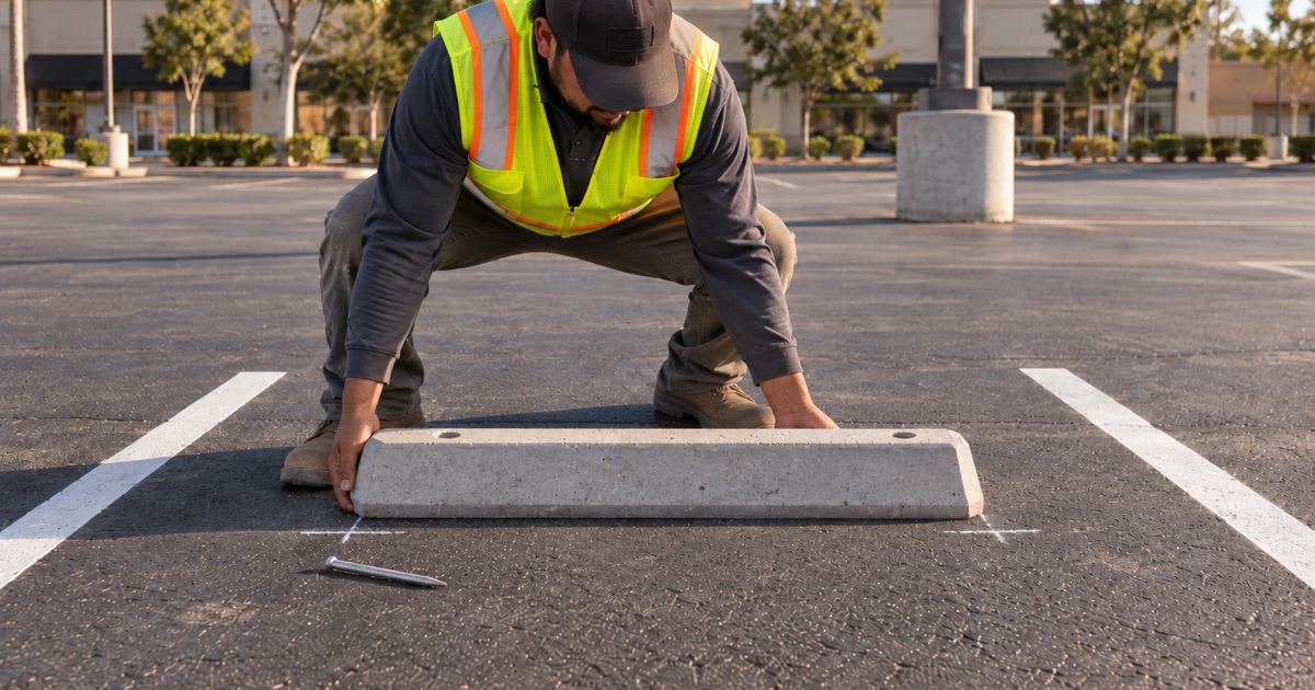Worker lowering a precast concrete wheel stop onto its marked position at a stall head, the drilled anchor hole and steel spike ready beside it.