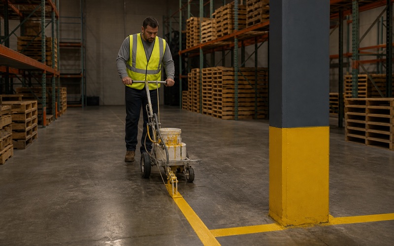 Operator walking a line striper down a warehouse aisle, the fresh yellow aisle line running back between pallet racking to a painted column base.