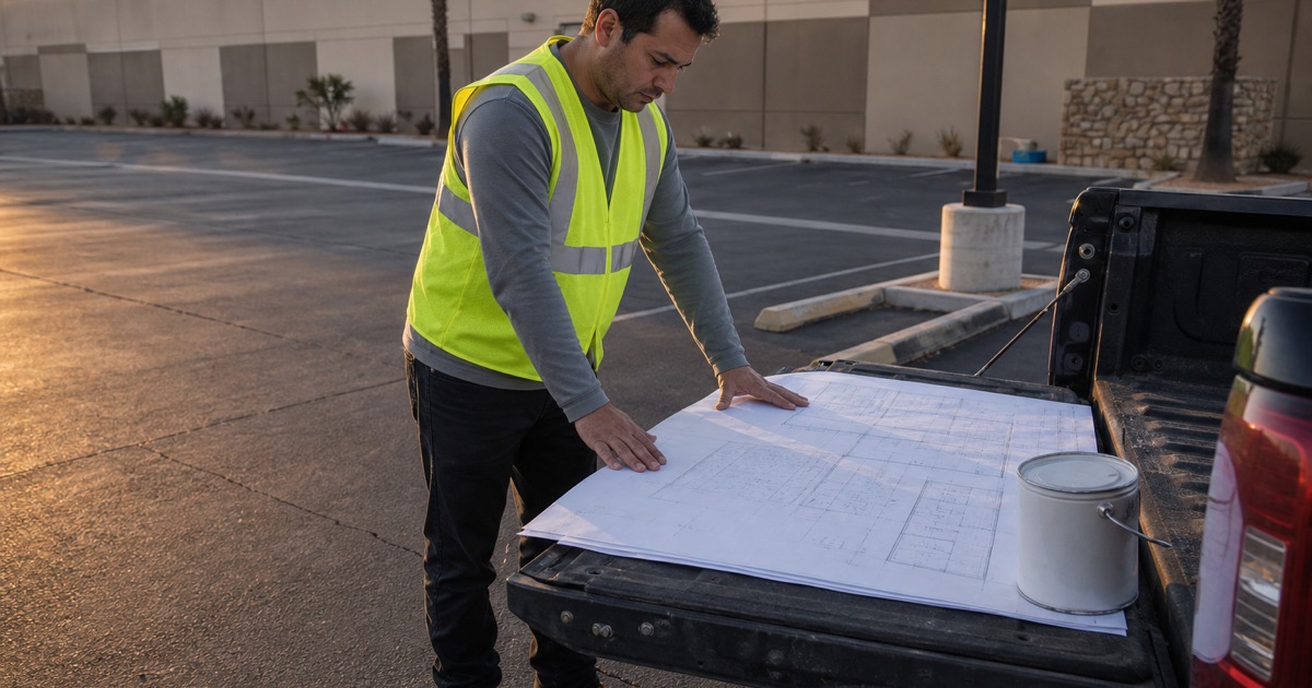 Marked-up parking layout drawing spread on a truck tailgate at the edge of a lot, the contractor’s hands flat on it and the unstriped asphalt behind.